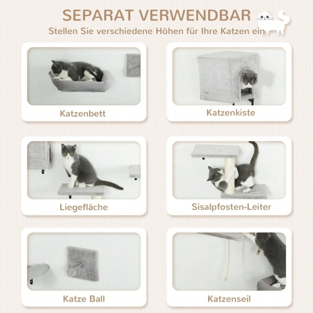 PawHut Kletterwand für Katzen 7-teilig Set mit Katzenhaus, Plattform, Kratzbaum mit Hängeball & Wandkratzbaum, Katzenspielzeug bis 5 kg, grau