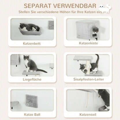 PawHut Kletterwand für Katzen 7-teilig Set mit Katzenhaus, Plattform, Kratzbaum mit Hängeball & Wandkratzbaum, Katzenspielzeug bis 5 kg, grau