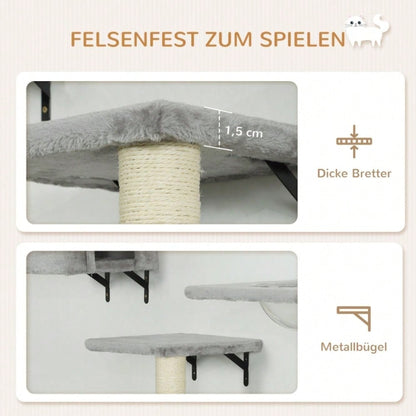 PawHut Kletterwand für Katzen 7-teilig Set mit Katzenhaus, Plattform, Kratzbaum mit Hängeball & Wandkratzbaum, Katzenspielzeug bis 5 kg, grau