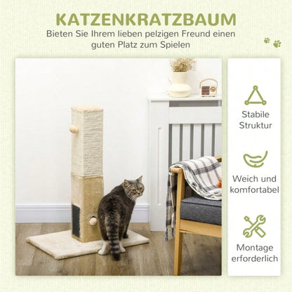 PawHut Kratzsäule für Katzen, 79 cm Kratzbaum mit Juteseil, inklusive Spielzeug, beige