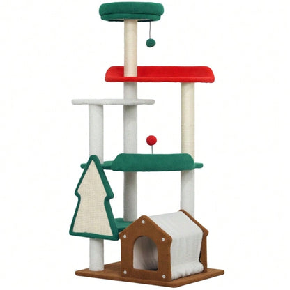 PawHut 135 cm Katzenkratzbaum in Weihnachtsfarben mit Katzenbett, Katzenhaus, Kratzpfosten, Sprungplattformen, Spielzeugbällen