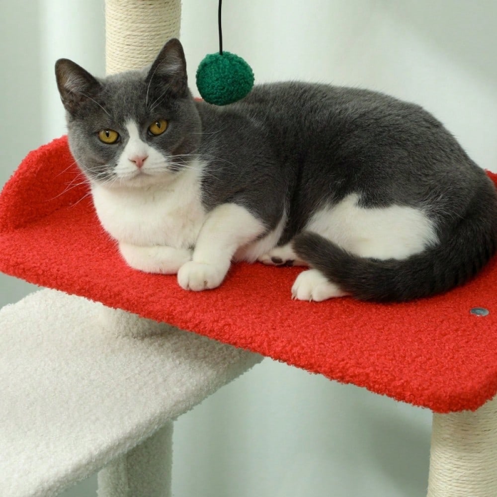 PawHut 135 cm Katzenkratzbaum in Weihnachtsfarben mit Katzenbett, Katzenhaus, Kratzpfosten, Sprungplattformen, Spielzeugbällen