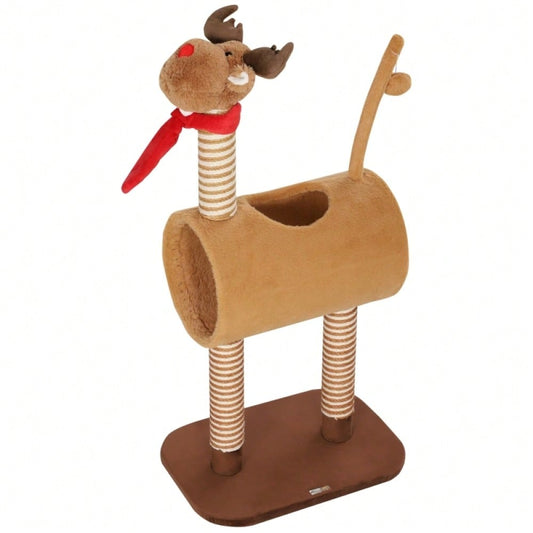 PawHut Kratzbaum für Katzen 98 cm im Hirschdesign, Katzenturm mit Höhle, Spielball & Jutestämmen, braun