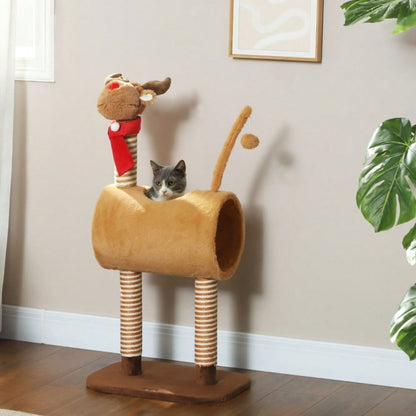 PawHut Kratzbaum für Katzen 98 cm im Hirschdesign, Katzenturm mit Höhle, Spielball & Jutestämmen, braun