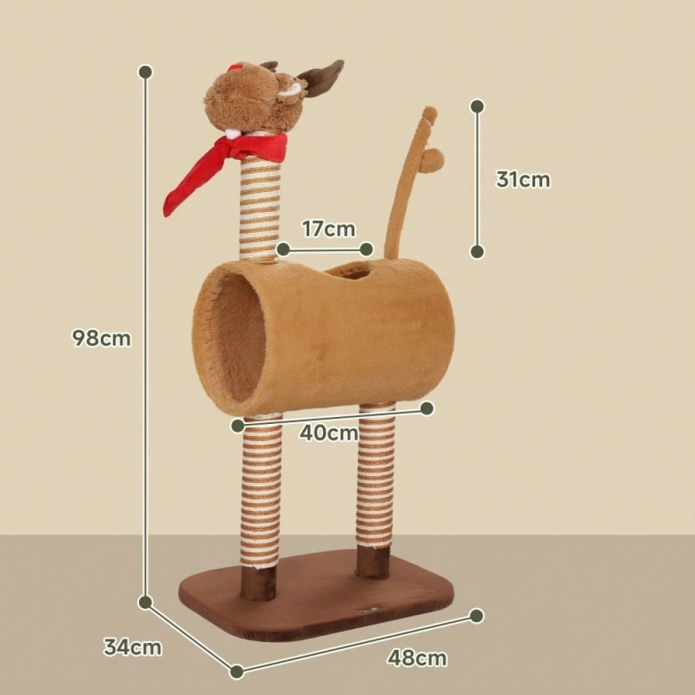 PawHut Kratzbaum für Katzen 98 cm im Hirschdesign, Katzenturm mit Höhle, Spielball & Jutestämmen, braun