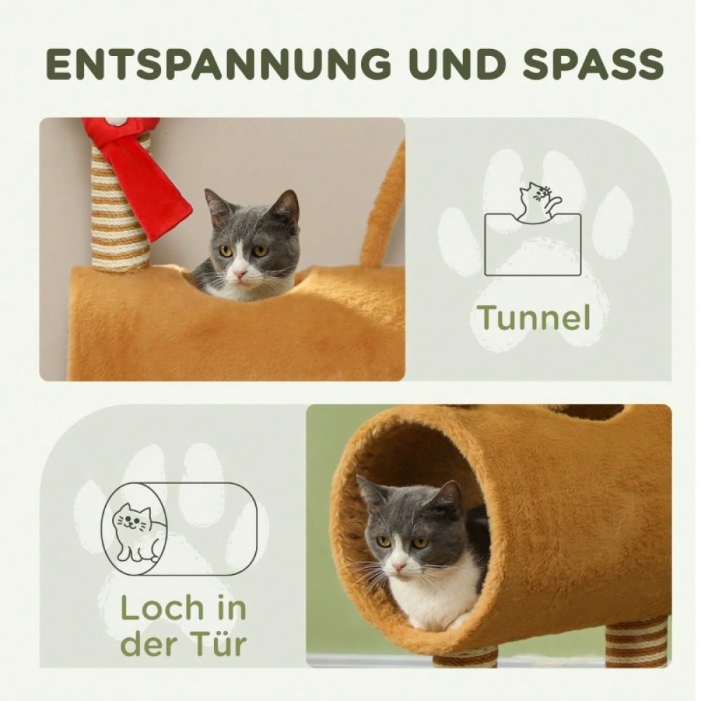 PawHut Kratzbaum für Katzen 98 cm im Hirschdesign, Katzenturm mit Höhle, Spielball & Jutestämmen, braun