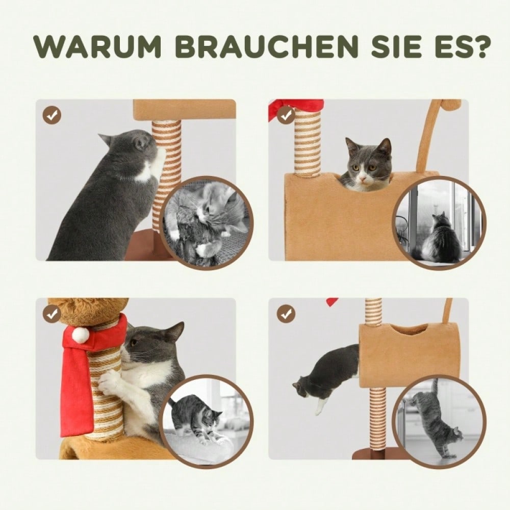 PawHut Kratzbaum für Katzen 98 cm im Hirschdesign, Katzenturm mit Höhle, Spielball & Jutestämmen, braun