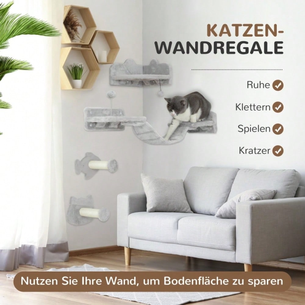 PawHut Katzentreppen Set 4-teilig, Kratzmöbel mit Sisal-Stufen & Doppelplattform, für Katzen, hellgrau/cremeweiß