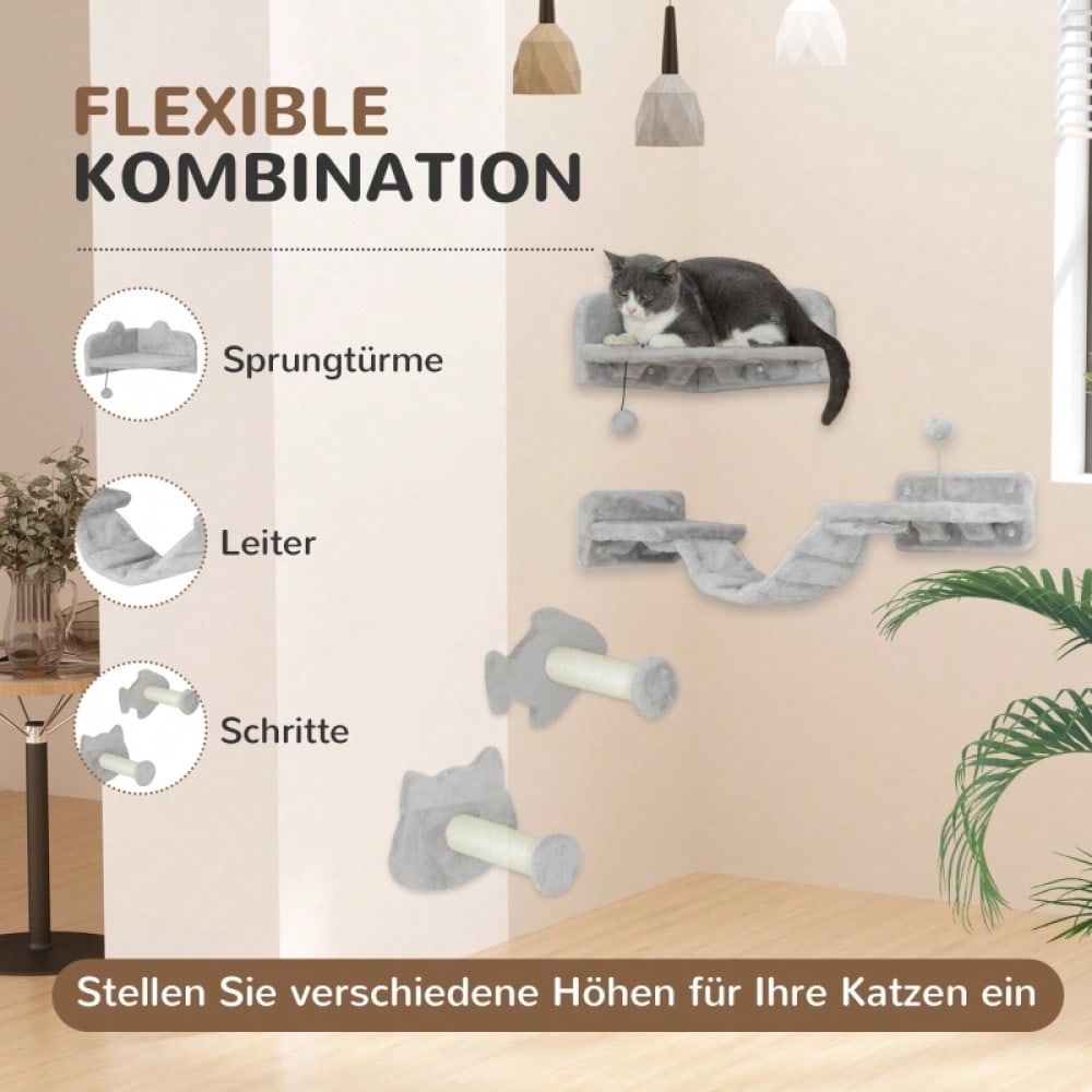 PawHut Katzentreppen Set 4-teilig, Kratzmöbel mit Sisal-Stufen & Doppelplattform, für Katzen, hellgrau/cremeweiß