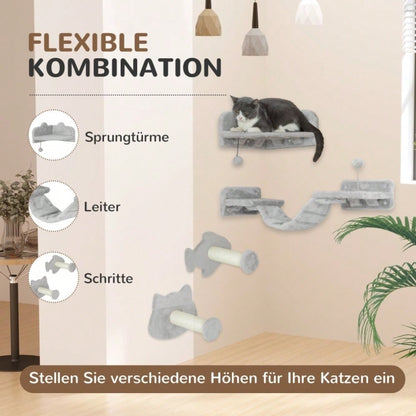 PawHut Katzentreppen Set 4-teilig, Kratzmöbel mit Sisal-Stufen & Doppelplattform, für Katzen, hellgrau/cremeweiß