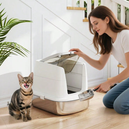 PawHut Katzentoilette aus Edelstahl, geschlossenes Katzenklo mit Schaufel & Geruchsbeutel, geruchsicher mit Eingangsöffnung