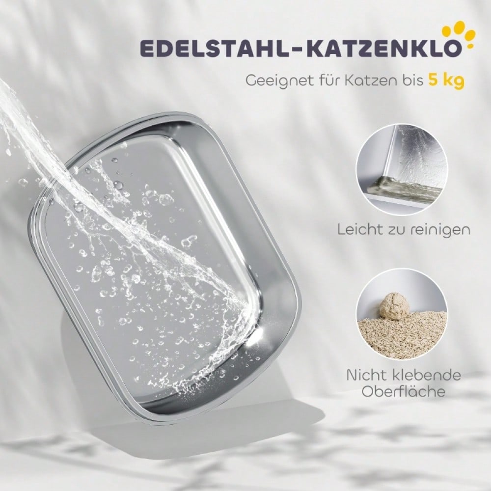PawHut Katzentoilette aus Edelstahl, geschlossenes Katzenklo mit Schaufel & Geruchsbeutel, geruchsicher mit Eingangsöffnung