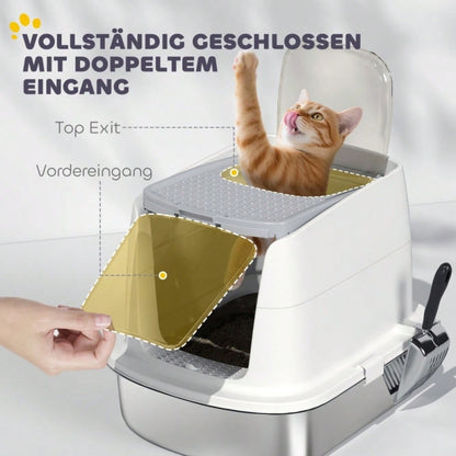 PawHut Katzentoilette aus Edelstahl, geschlossenes Katzenklo mit Schaufel & Geruchsbeutel, geruchsicher mit Eingangsöffnung