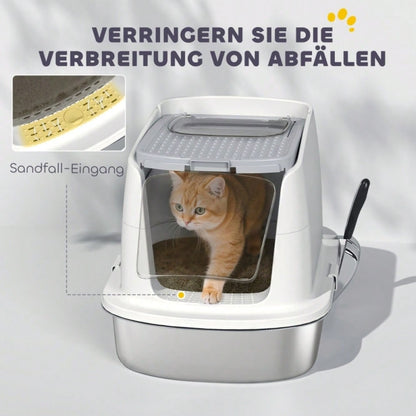 PawHut Katzentoilette aus Edelstahl, geschlossenes Katzenklo mit Schaufel & Geruchsbeutel, geruchsicher mit Eingangsöffnung