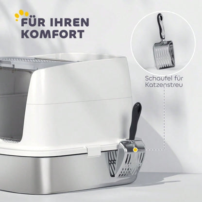 PawHut Katzentoilette aus Edelstahl, geschlossenes Katzenklo mit Schaufel & Geruchsbeutel, geruchsicher mit Eingangsöffnung
