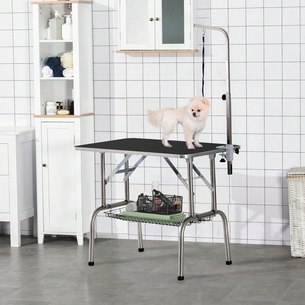 PawHut Hundepflege Tisch klappbar & höhenverstellbar, Trimmtisch aus Edelstahl für Hunde, schwarz