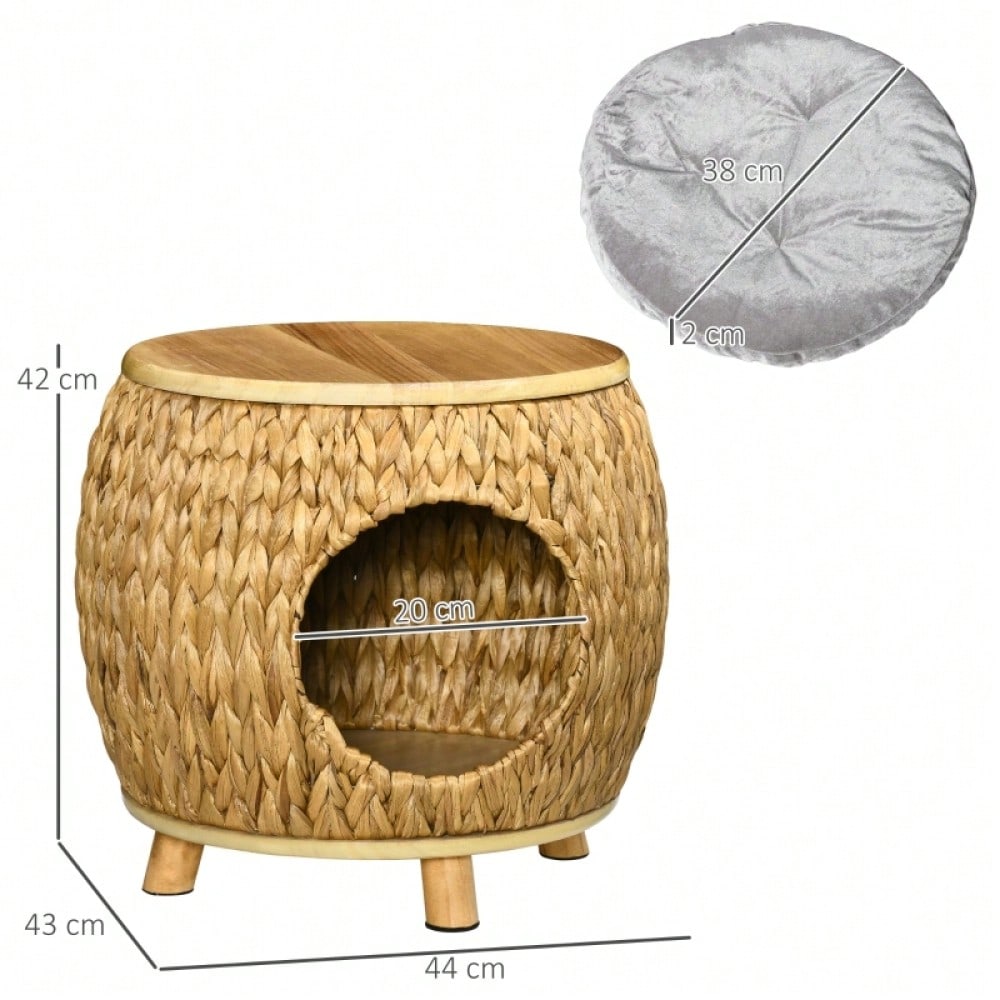 PawHut Katzenhöhle aus Wasserhyazinthengras, mit waschbarem Kissen, 44 x 43 x 42 cm, in hellbraun/natur/grau