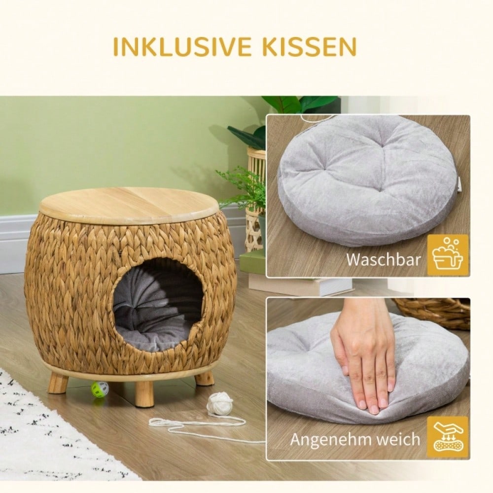 PawHut Katzenhöhle aus Wasserhyazinthengras, mit waschbarem Kissen, 44 x 43 x 42 cm, in hellbraun/natur/grau