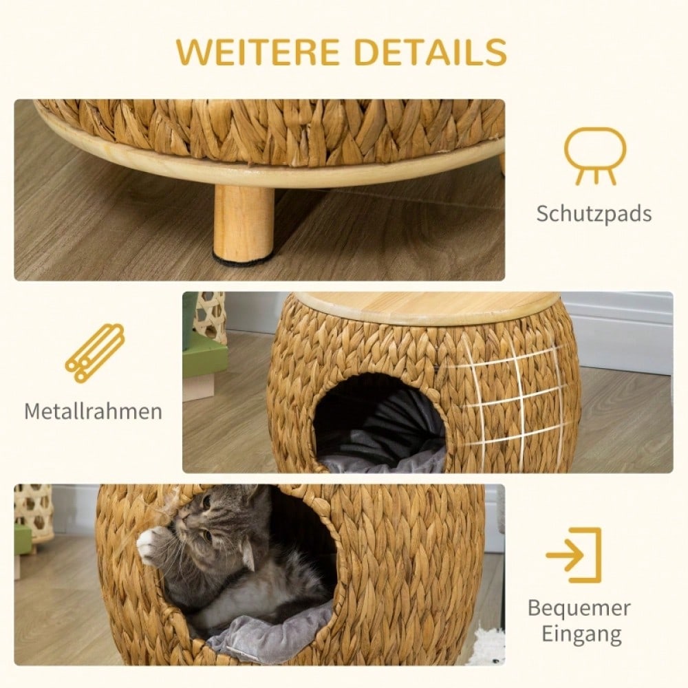 PawHut Katzenhöhle aus Wasserhyazinthengras, mit waschbarem Kissen, 44 x 43 x 42 cm, in hellbraun/natur/grau