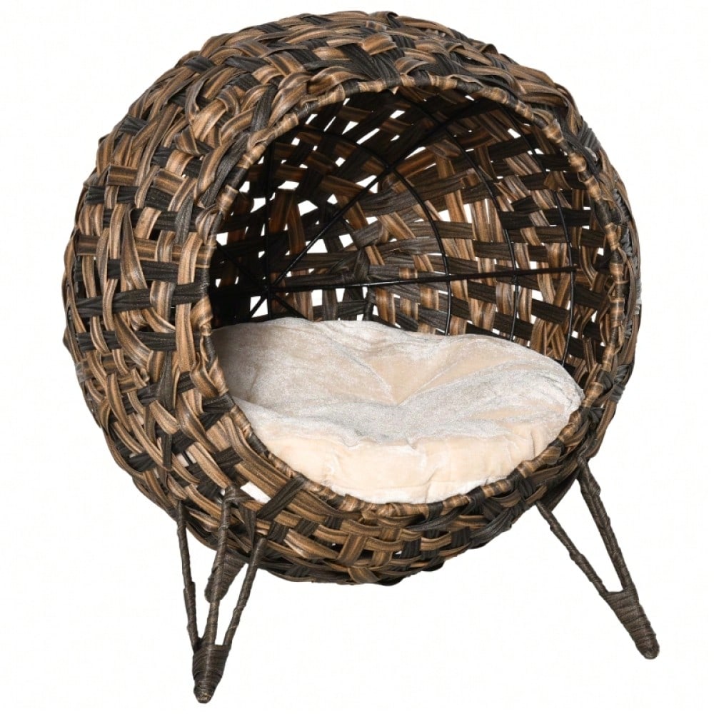 PawHut Katzenhaus aus Rattan mit Kissen, Katzenschlafplatz & Katzenhöhle mit erhöhten Füßen, braun, Ø52 x 58 cm