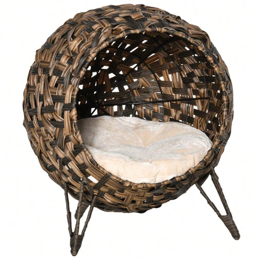PawHut Katzenhaus aus Rattan mit Kissen, Katzenschlafplatz & Katzenhöhle mit erhöhten Füßen, braun, Ø52 x 58 cm