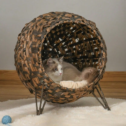 PawHut Katzenhaus aus Rattan mit Kissen, Katzenschlafplatz & Katzenhöhle mit erhöhten Füßen, braun, Ø52 x 58 cm