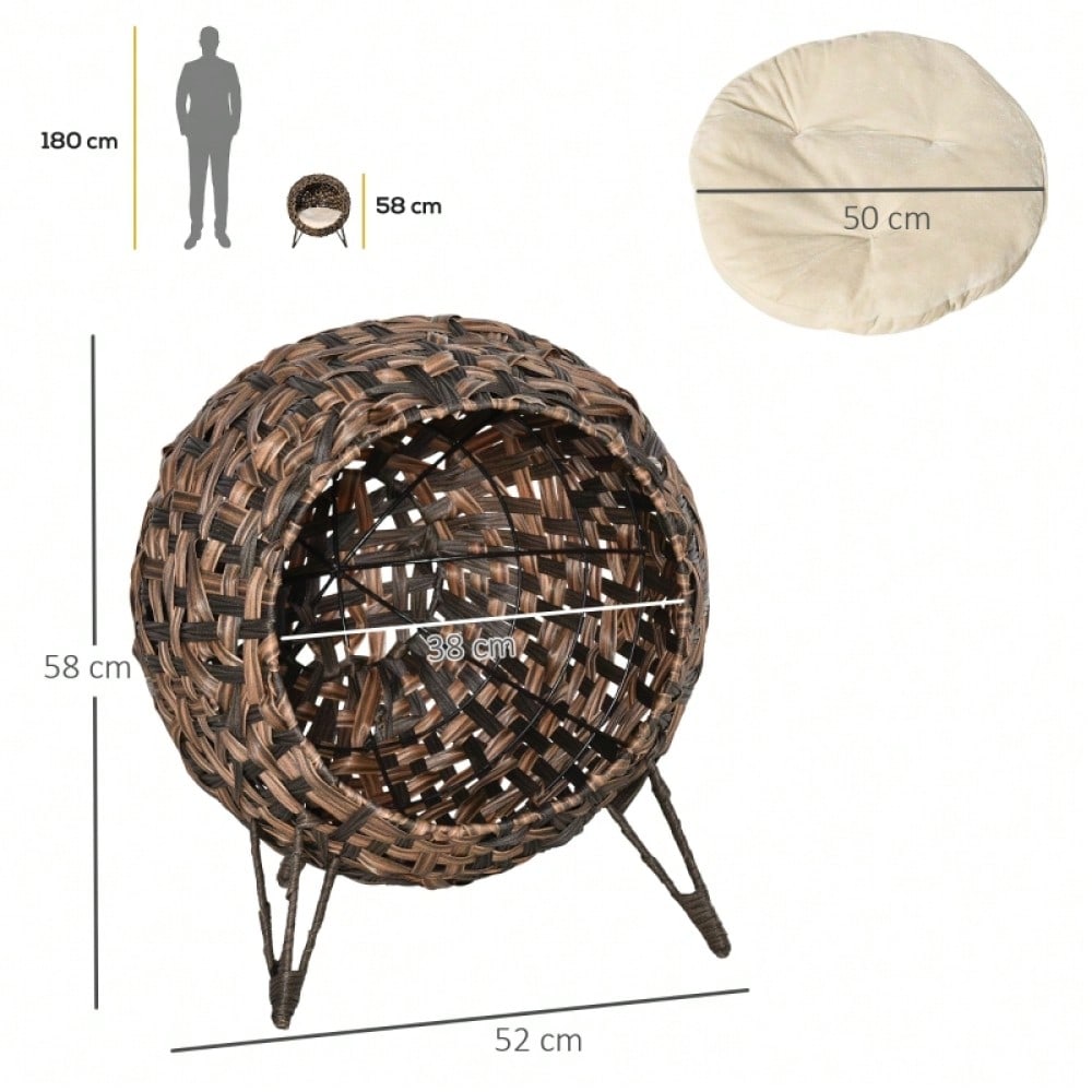 PawHut Katzenhaus aus Rattan mit Kissen, Katzenschlafplatz & Katzenhöhle mit erhöhten Füßen, braun, Ø52 x 58 cm