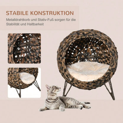 PawHut Katzenhaus aus Rattan mit Kissen, Katzenschlafplatz & Katzenhöhle mit erhöhten Füßen, braun, Ø52 x 58 cm