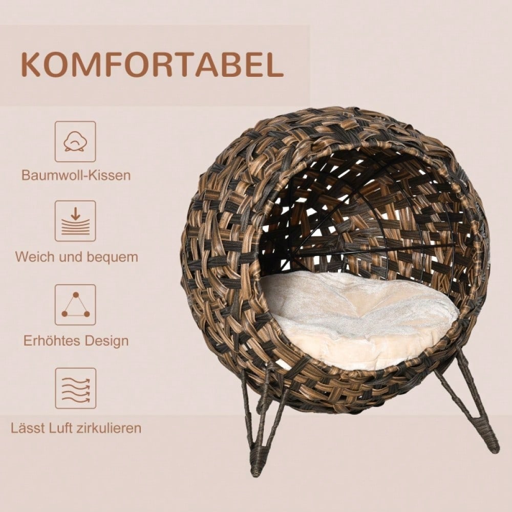 PawHut Katzenhaus aus Rattan mit Kissen, Katzenschlafplatz & Katzenhöhle mit erhöhten Füßen, braun, Ø52 x 58 cm