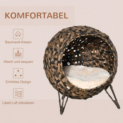 PawHut Katzenhaus aus Rattan mit Kissen, Katzenschlafplatz & Katzenhöhle mit erhöhten Füßen, braun, Ø52 x 58 cm