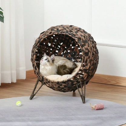 PawHut Katzenhaus aus Rattan mit Kissen, Katzenschlafplatz & Katzenhöhle mit erhöhten Füßen, braun, Ø52 x 58 cm