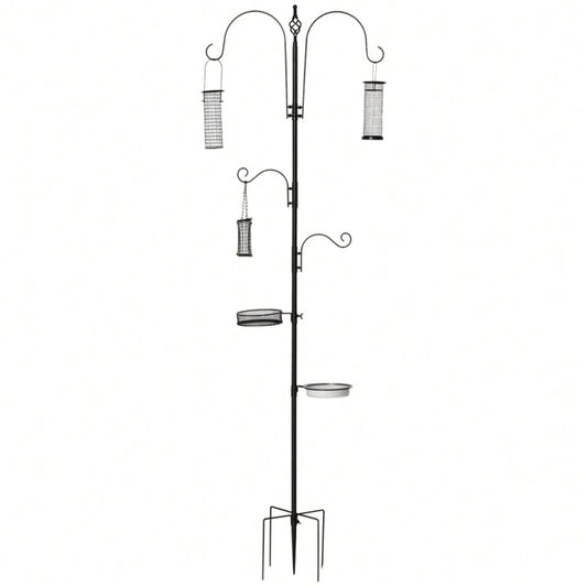 PawHut Vogelfutterstation aus Stahl 208 cm, inkl. 4 Haken, Vogeltränke, Futterteller & Futterspender, schwarz