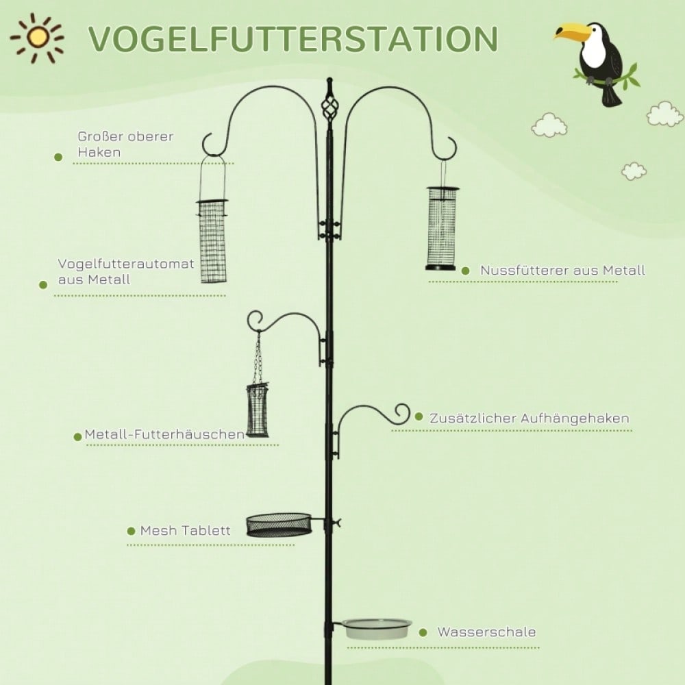PawHut Vogelfutterstation aus Stahl 208 cm, inkl. 4 Haken, Vogeltränke, Futterteller & Futterspender, schwarz