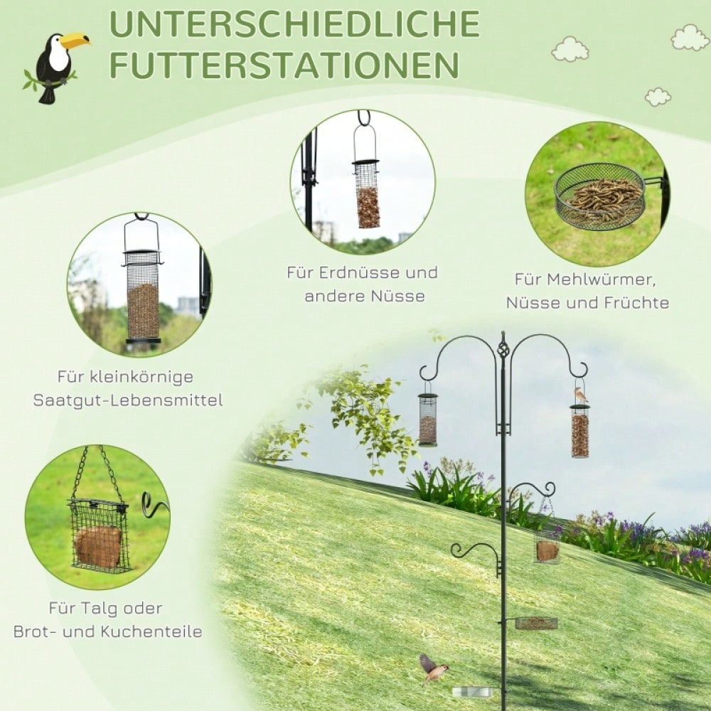 PawHut Vogelfutterstation aus Stahl 208 cm, inkl. 4 Haken, Vogeltränke, Futterteller & Futterspender, schwarz