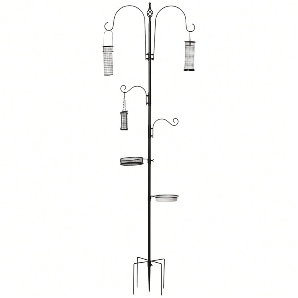 PawHut Vogelfutterstation aus Stahl 208 cm, inkl. 4 Haken, Vogeltränke, Futterteller & Futterspender, schwarz