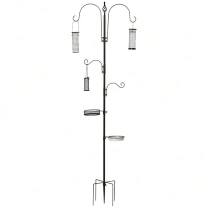 PawHut Vogelfutterstation aus Stahl 208 cm, inkl. 4 Haken, Vogeltränke, Futterteller & Futterspender, schwarz