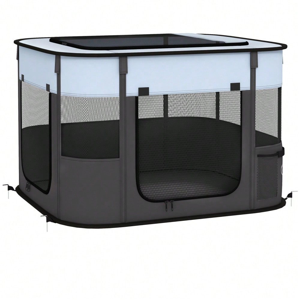 PawHut Laufstall für Welpen & Kleintiere bis 4 kg, faltbar mit Türen & Fenstern, atmungsaktives Netz, für Indoor/Outdoor, 74x60x45 cm, grau