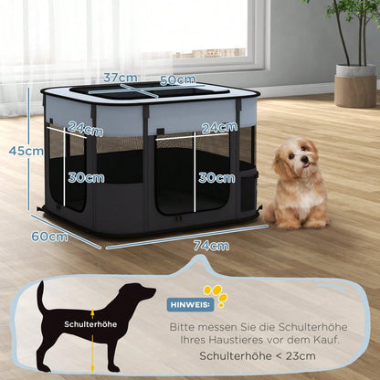 PawHut Laufstall für Welpen & Kleintiere bis 4 kg, faltbar mit Türen & Fenstern, atmungsaktives Netz, für Indoor/Outdoor, 74x60x45 cm, grau
