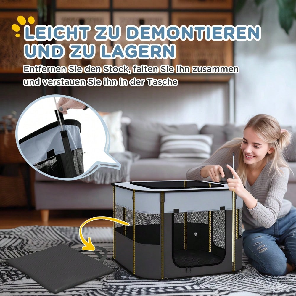 PawHut Laufstall für Welpen & Kleintiere bis 4 kg, faltbar mit Türen & Fenstern, atmungsaktives Netz, für Indoor/Outdoor, 74x60x45 cm, grau