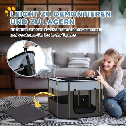 PawHut Laufstall für Welpen & Kleintiere bis 4 kg, faltbar mit Türen & Fenstern, atmungsaktives Netz, für Indoor/Outdoor, 74x60x45 cm, grau
