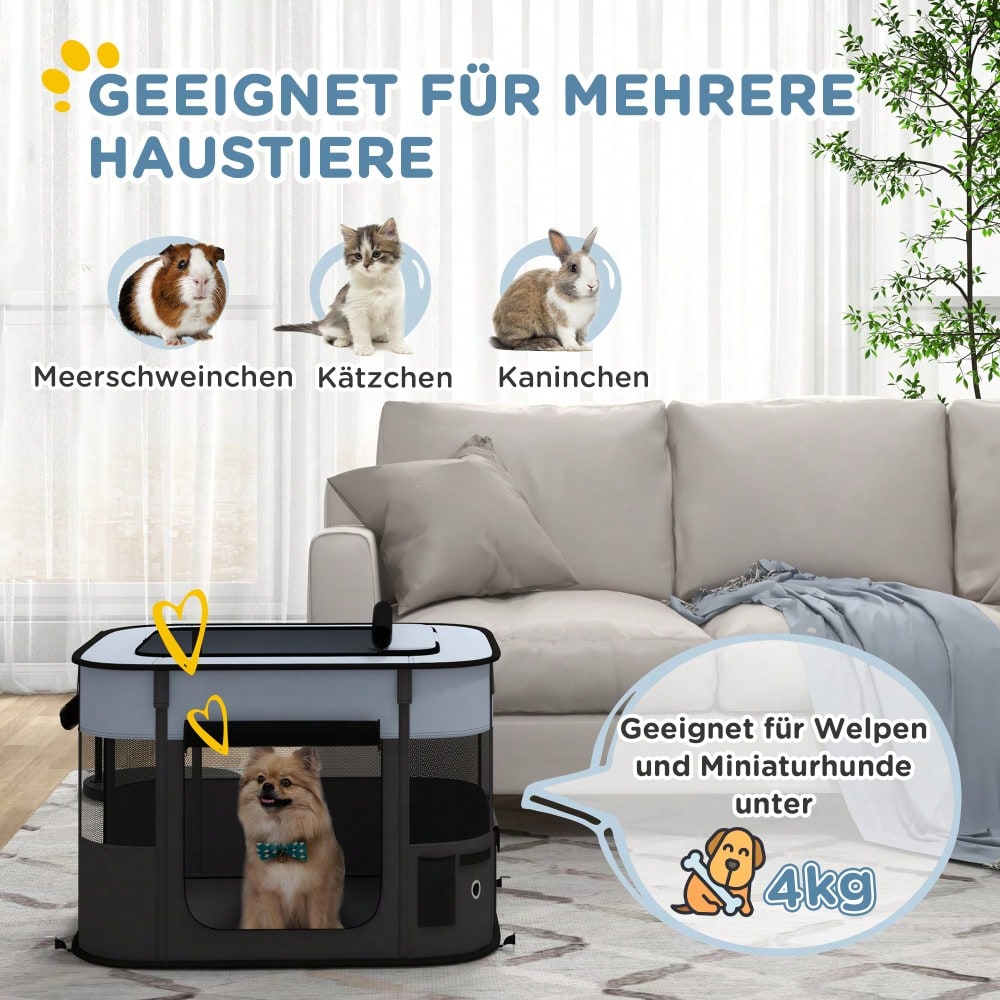 PawHut Laufstall für Welpen & Kleintiere bis 4 kg, faltbar mit Türen & Fenstern, atmungsaktives Netz, für Indoor/Outdoor, 74x60x45 cm, grau