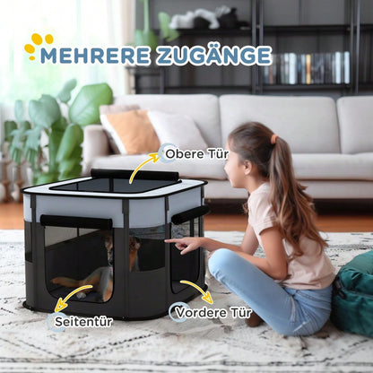 PawHut Laufstall für Welpen & Kleintiere bis 4 kg, faltbar mit Türen & Fenstern, atmungsaktives Netz, für Indoor/Outdoor, 74x60x45 cm, grau