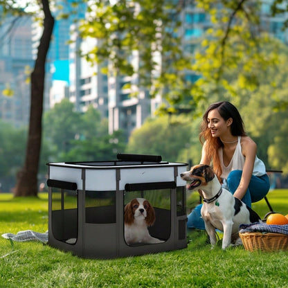 PawHut Laufstall für Welpen & Kleintiere bis 4 kg, faltbar mit Türen & Fenstern, atmungsaktives Netz, für Indoor/Outdoor, 74x60x45 cm, grau