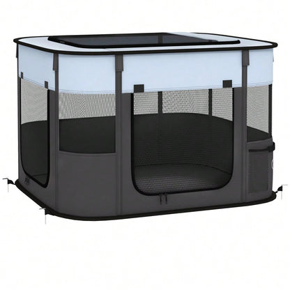 PawHut Laufstall für Welpen & Kleintiere bis 4 kg, faltbar mit Türen & Fenstern, atmungsaktives Netz, für Indoor/Outdoor, 74x60x45 cm, grau