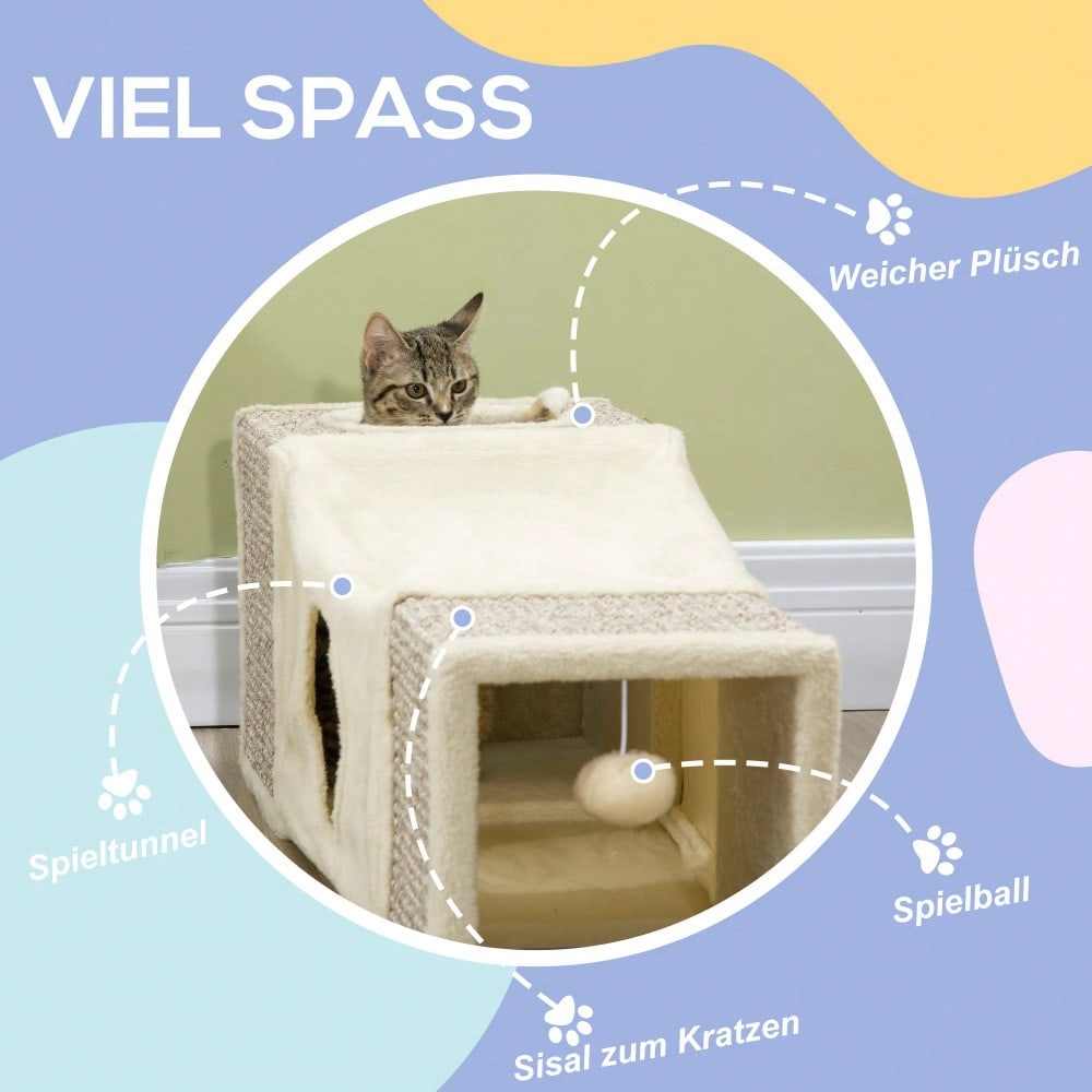 PawHut Katzentunnel mit Spielball, aus Sisal, Katzenspielzeug für Katzen, braun/beige, 98x30x30 cm
