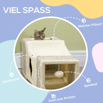 PawHut Katzentunnel mit Spielball, aus Sisal, Katzenspielzeug für Katzen, braun/beige, 98x30x30 cm