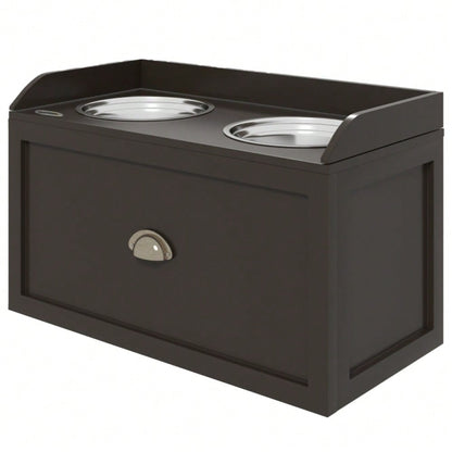 PawHut Futterstation Erhöhte Fressnäpfe 2 Fressnäpfe, 2 Edelstahlschalen, 1 Stauraum, 60 x 30 x36 cm, Braun