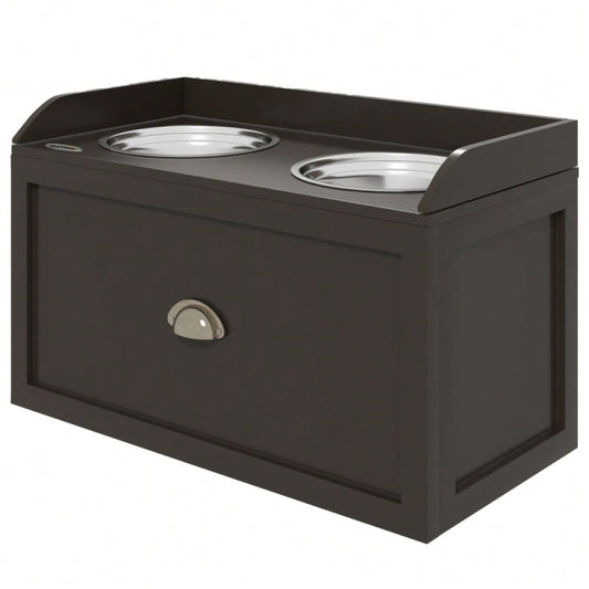 PawHut Futterstation Erhöhte Fressnäpfe 2 Fressnäpfe, 2 Edelstahlschalen, 1 Stauraum, 60 x 30 x36 cm, Braun