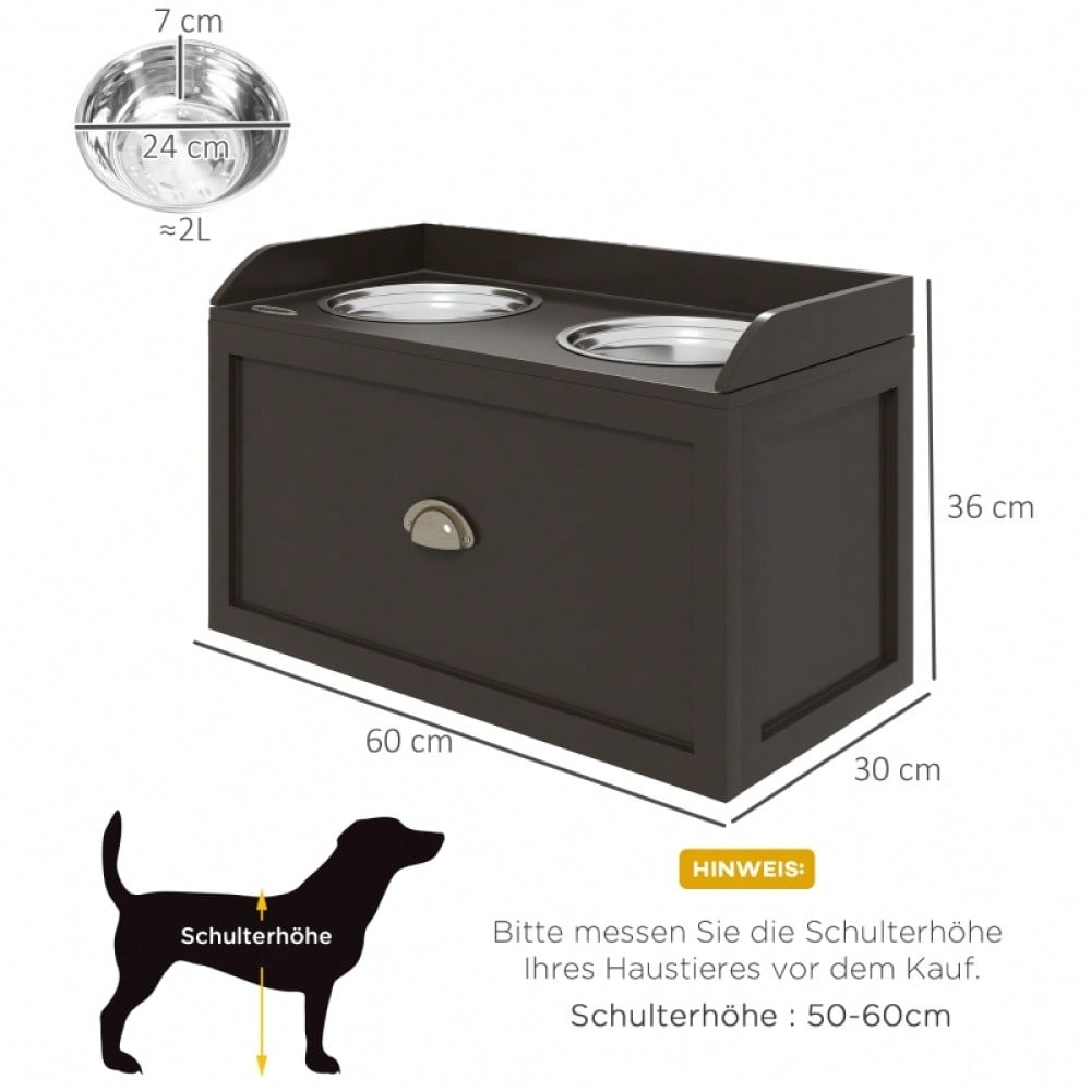 PawHut Futterstation Erhöhte Fressnäpfe 2 Fressnäpfe, 2 Edelstahlschalen, 1 Stauraum, 60 x 30 x36 cm, Braun