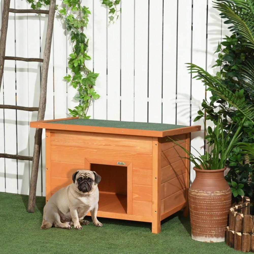 PawHut Hundehütte Outdoor aus Holz, mit aufklappbarem Asphaltdach & wasserdicht, erhöhter Boden, für kleine Hunde, gelb, 82x58x58 cm